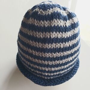 Glow-in-the-dark Striped Handknit Cotton Kids Beanie- Blue And Gray